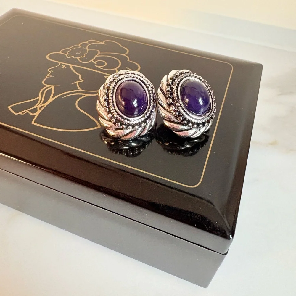 Avon Y2K Amethyst Cabochon Earrings Vintage Style Silver Statement Studs NIB 181 - Picture 8 of 14